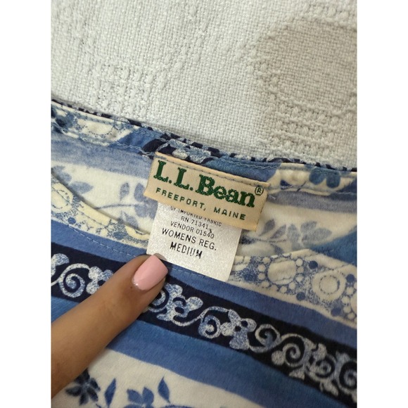 LL Bean Womens Blue Floral Striped Long Sleeve Shirt Medium Vintage Paper Tag - Picture 3 of 3